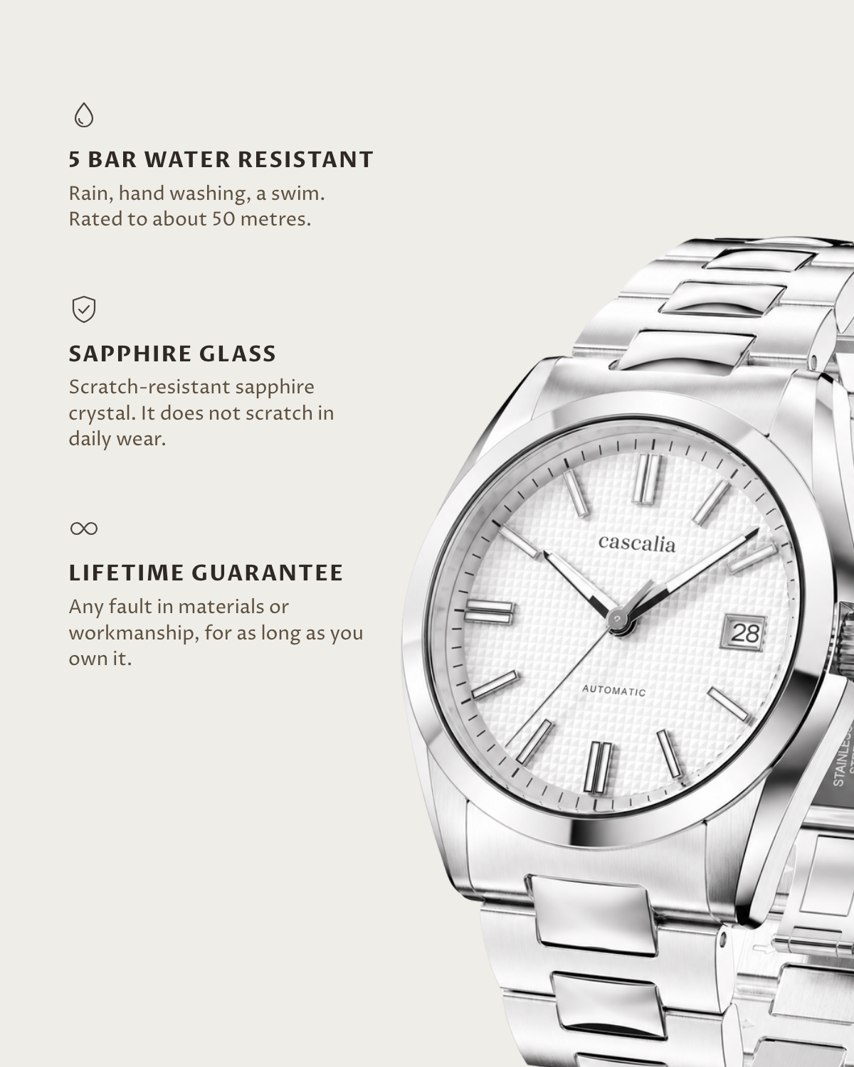 Solara Automatic White: 5 bar water resistant, sapphire glass, lifetime guarantee