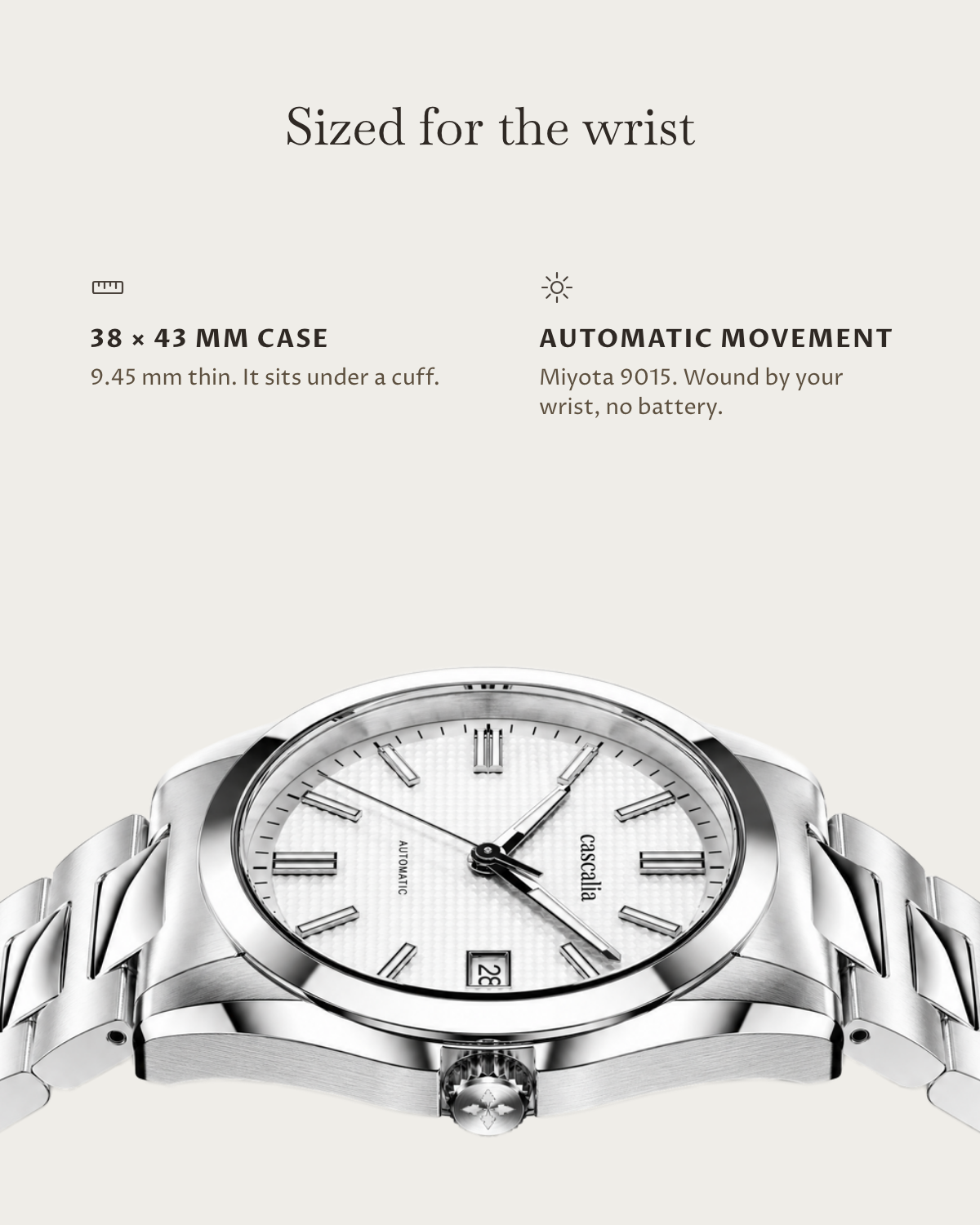 Solara Automatic White: 38 × 43 mm case, 9.45 mm thick