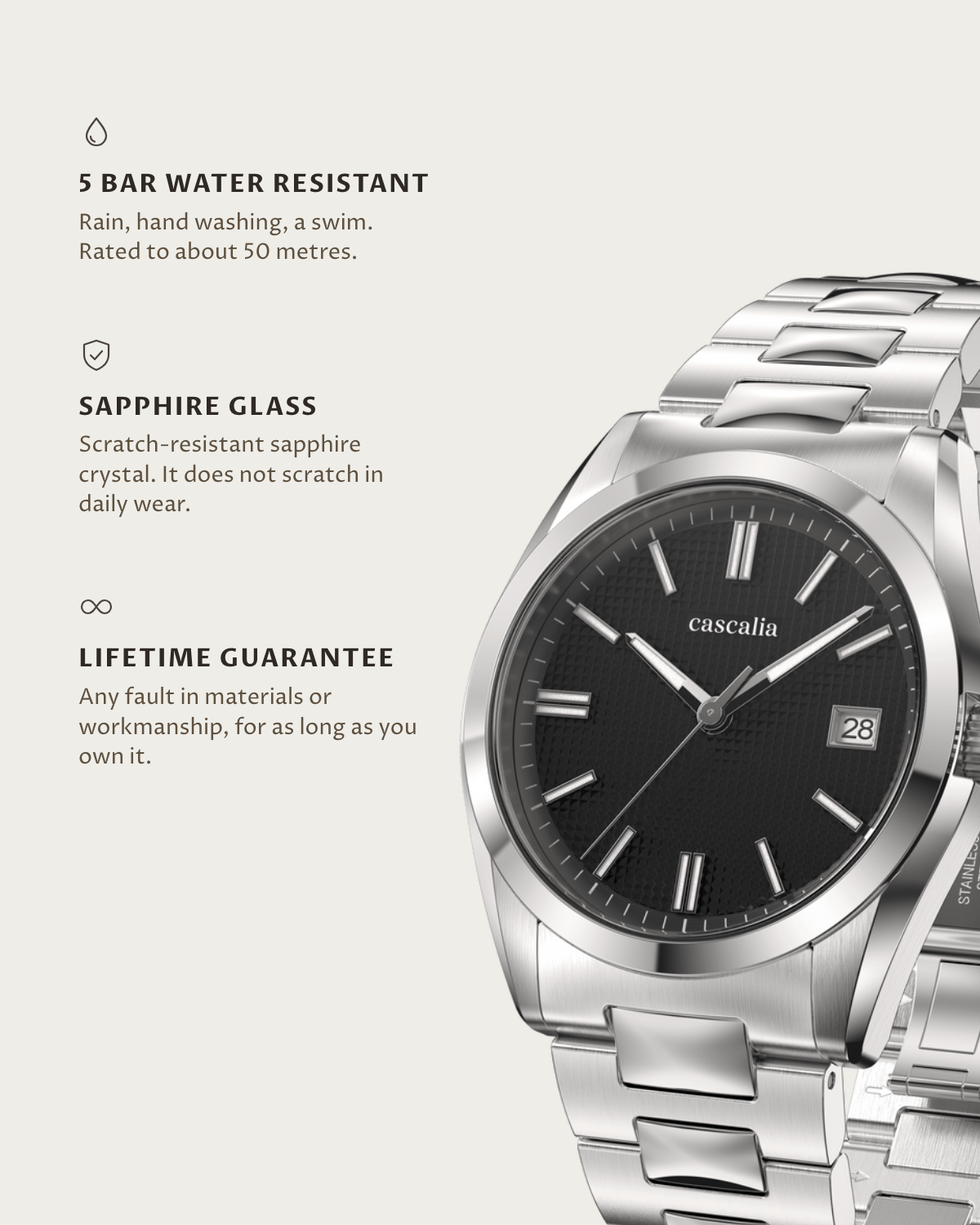 Solara Quartz Black: 5 bar water resistant, sapphire glass, lifetime guarantee