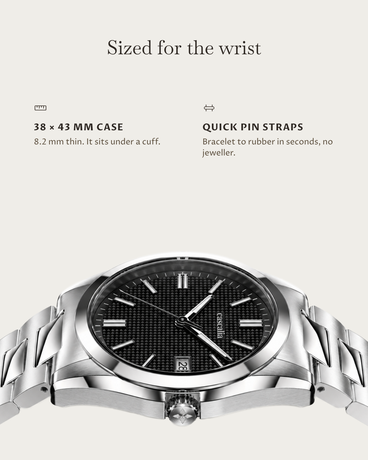 Solara Quartz Black: 38 × 43 mm case, 8.2 mm thick