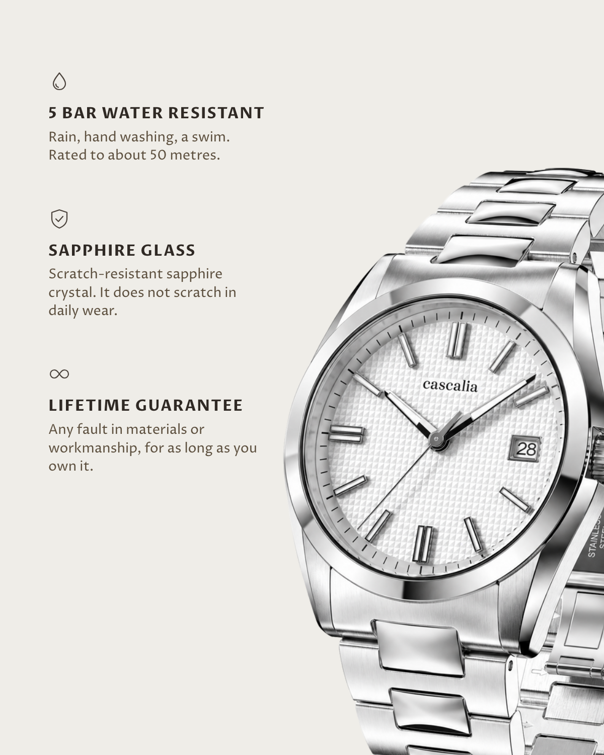 Solara Quartz White: 5 bar water resistant, sapphire glass, lifetime guarantee