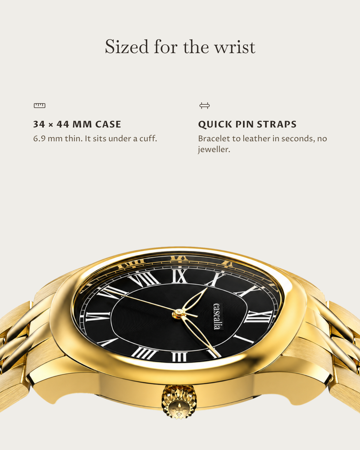 Tero Gold Black: 34 × 44 mm case, 6.9 mm thick