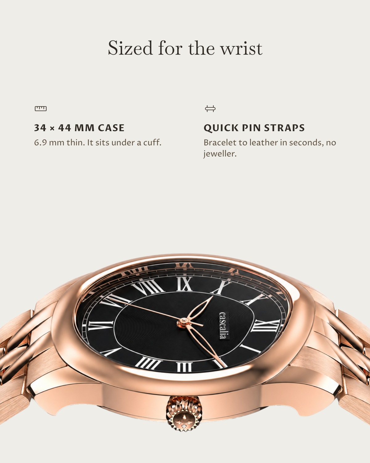 Tero Rosegold Black: 34 × 44 mm case, 6.9 mm thick
