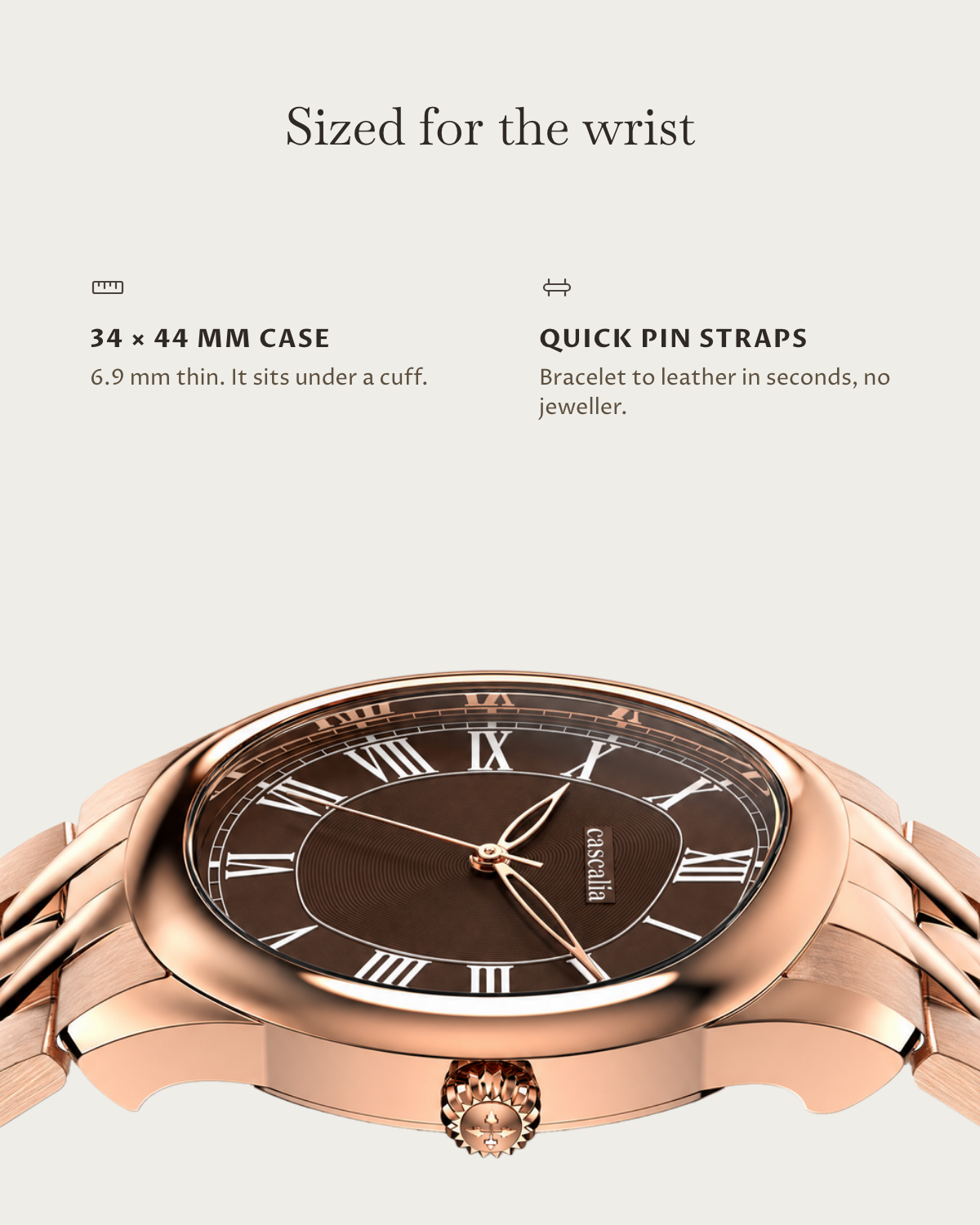 Tero Rosegold Brown: 34 × 44 mm case, 6.9 mm thick