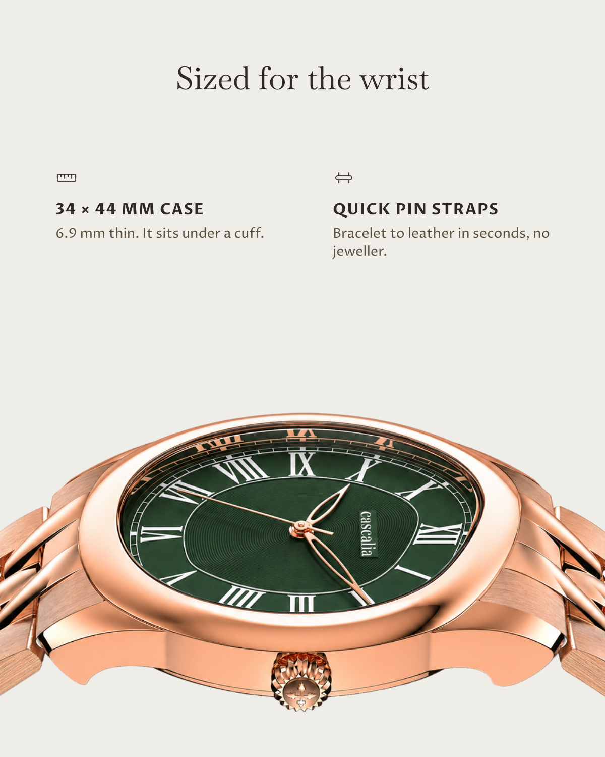 Tero Rosegold Green: 34 × 44 mm case, 6.9 mm thick