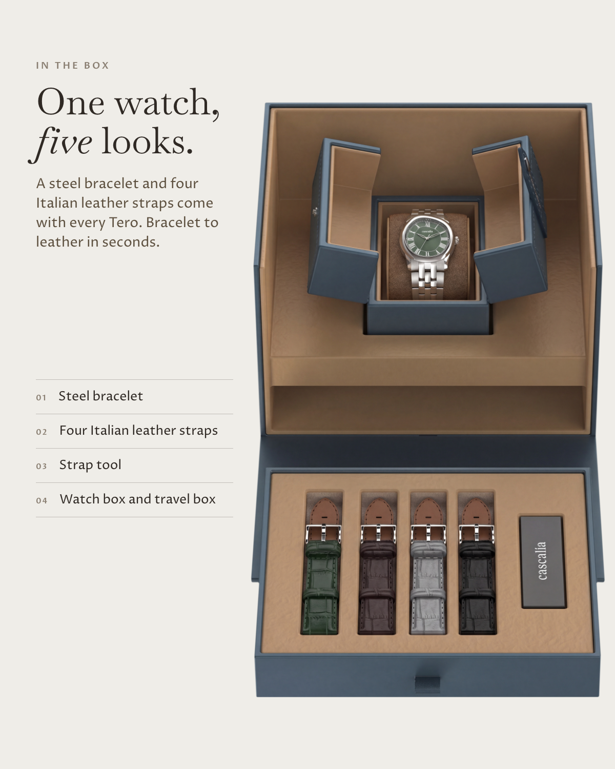 Tero Steel Green in the box: steel bracelet, four Italian leather straps, watch box and travel box