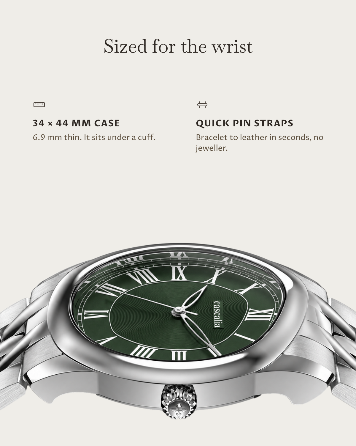 Tero Steel Green: 34 × 44 mm case, 6.9 mm thick