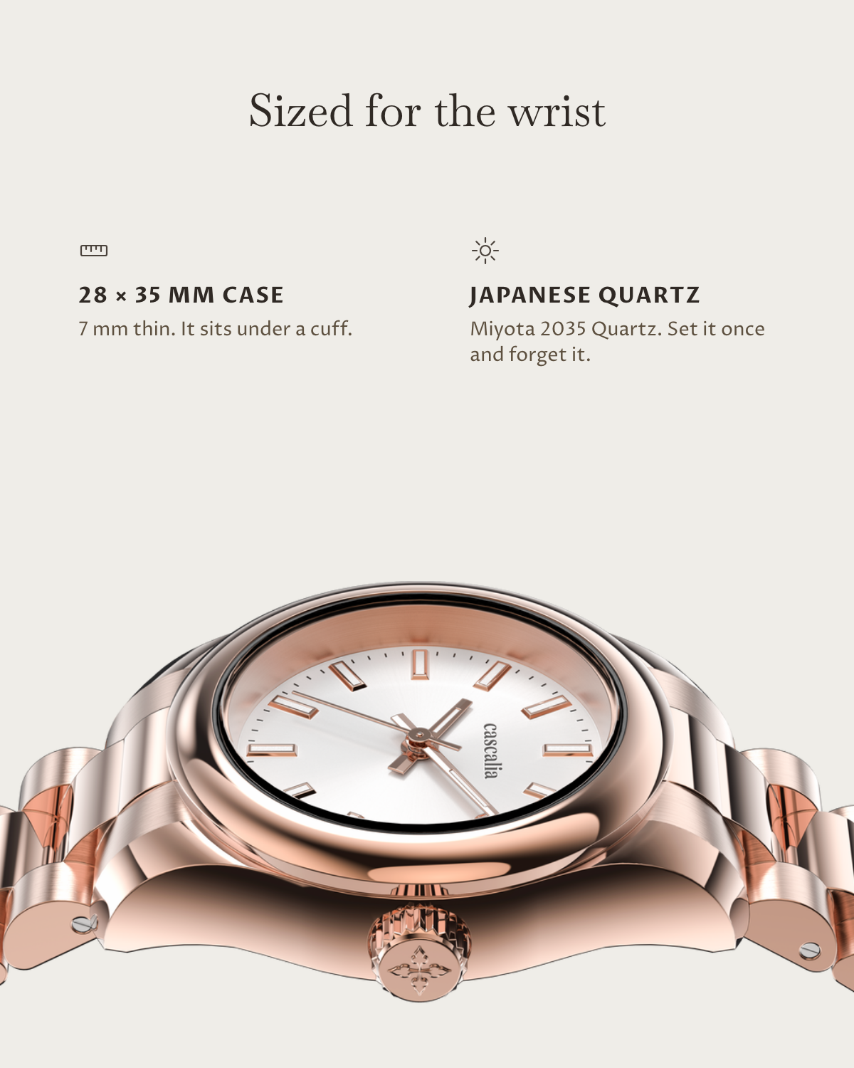 Vela Rosegold: 28 × 35 mm case, 7 mm thick