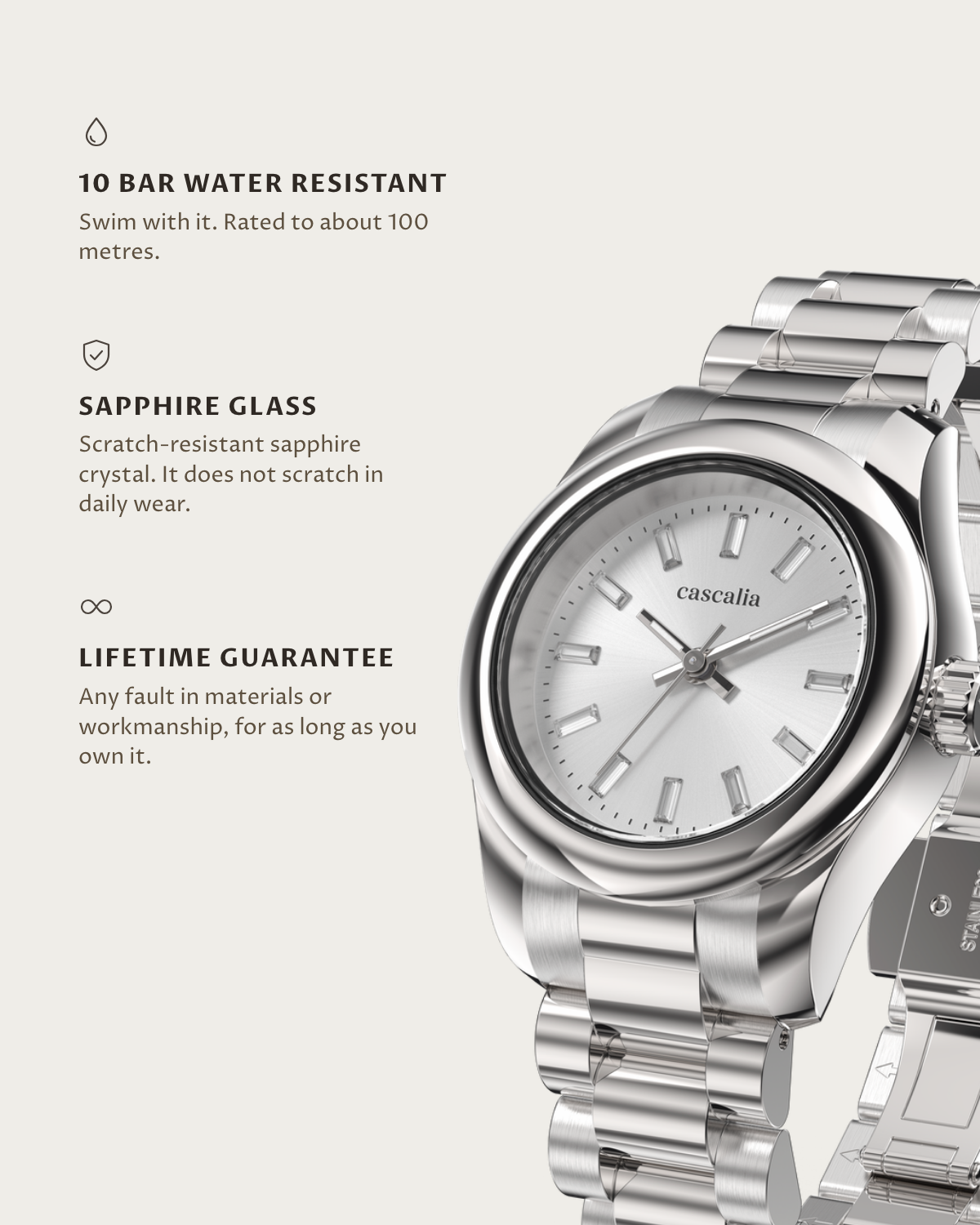 Vela Steel Diamond: 10 bar water resistant, sapphire glass, lifetime guarantee