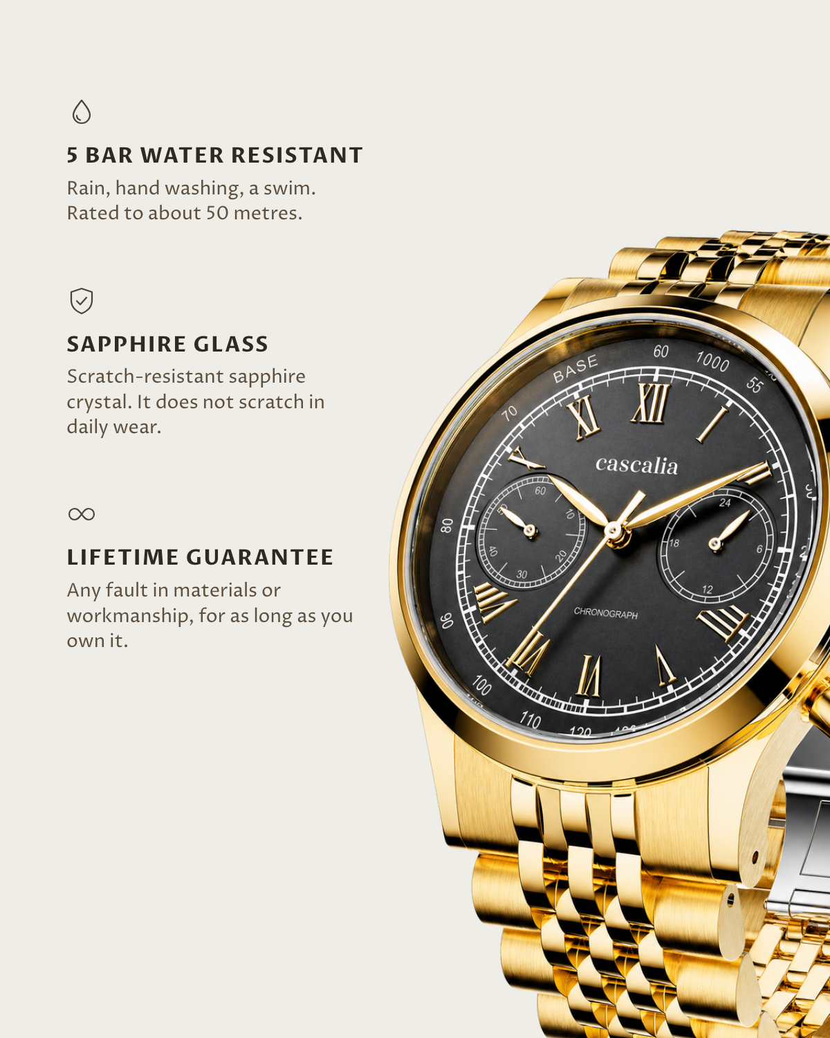 Velo Gold: 5 bar water resistant, sapphire glass, lifetime guarantee