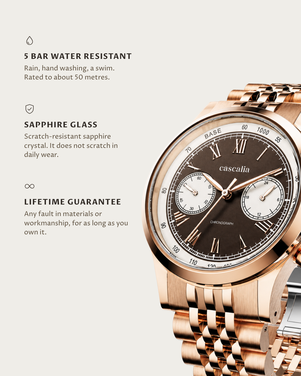 Velo Rosegold: 5 bar water resistant, sapphire glass, lifetime guarantee