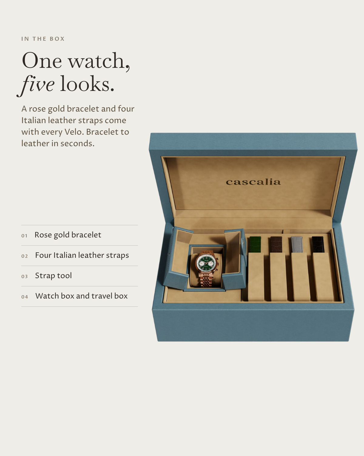 Velo Rosegold in the box: rose gold bracelet, four Italian leather straps, watch box and travel box