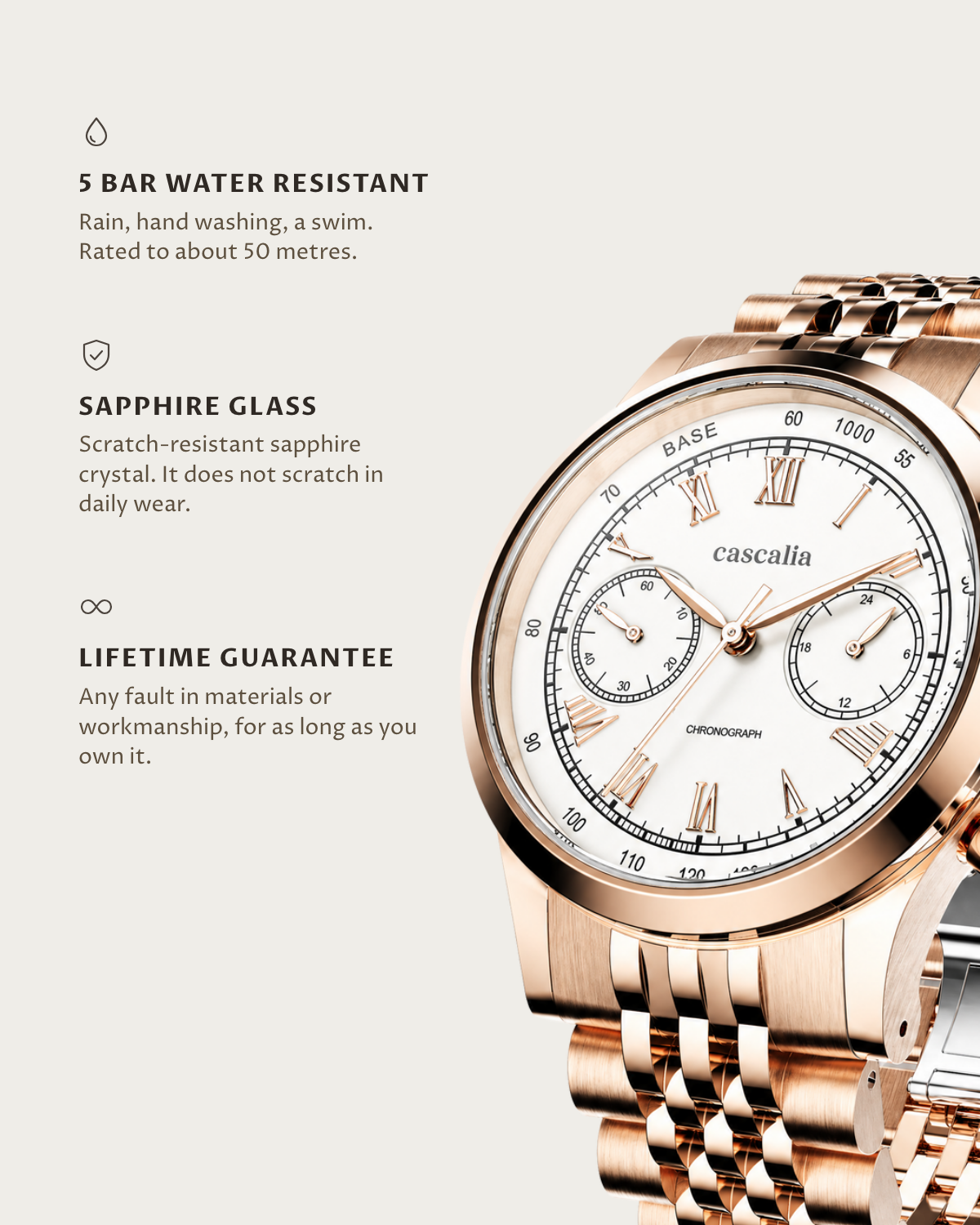 Velo Rosegold: 5 bar water resistant, sapphire glass, lifetime guarantee