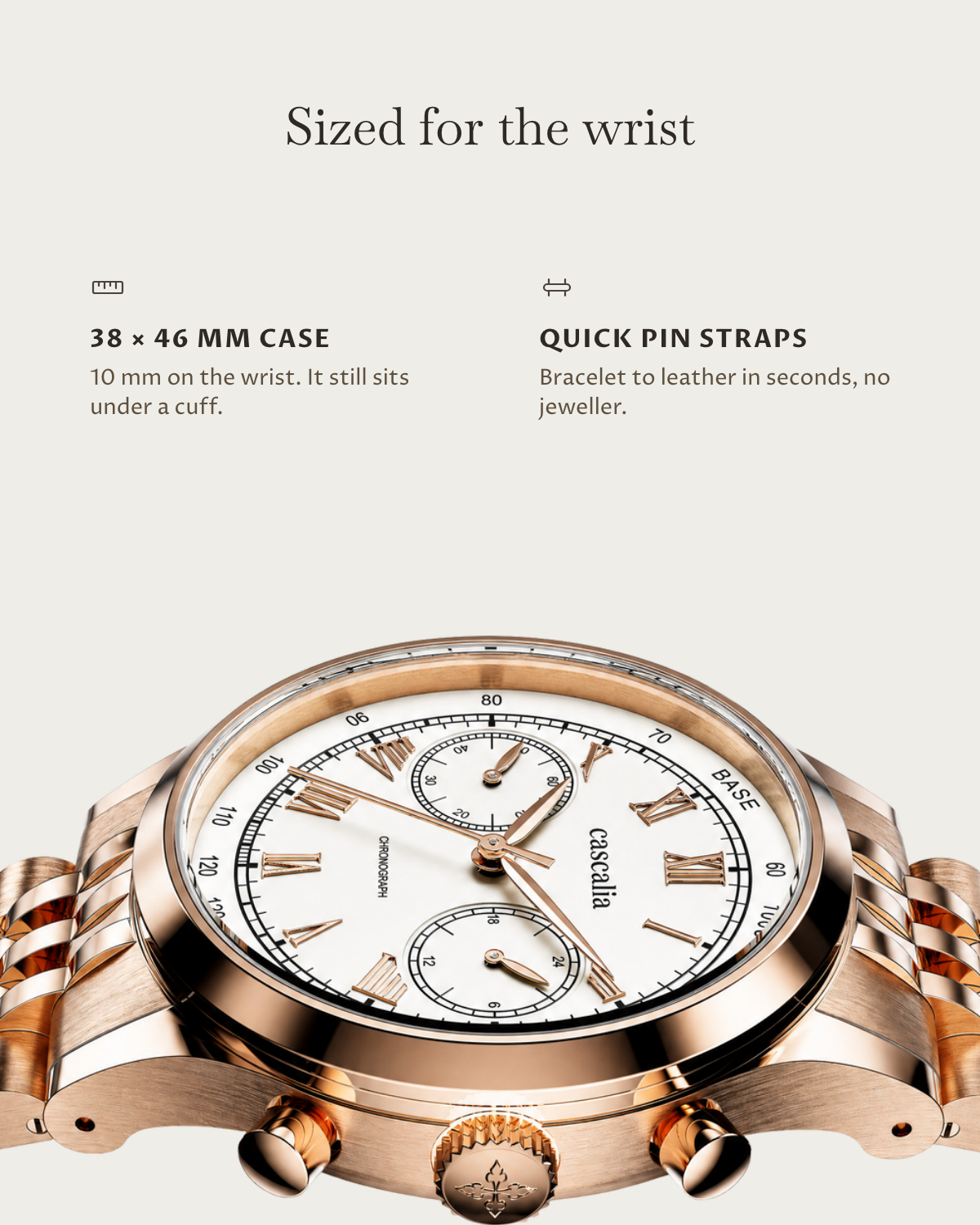 Velo Rosegold: 38 × 46 mm case, 10 mm thick