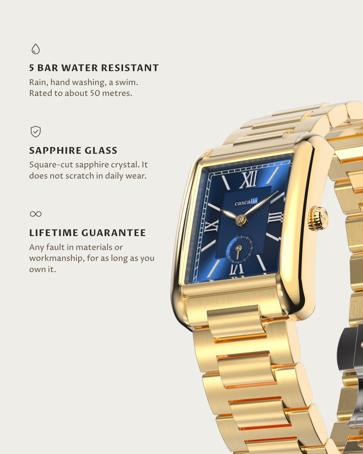 Arco Gold Blue: 5 bar water resistant, sapphire glass, lifetime guarantee