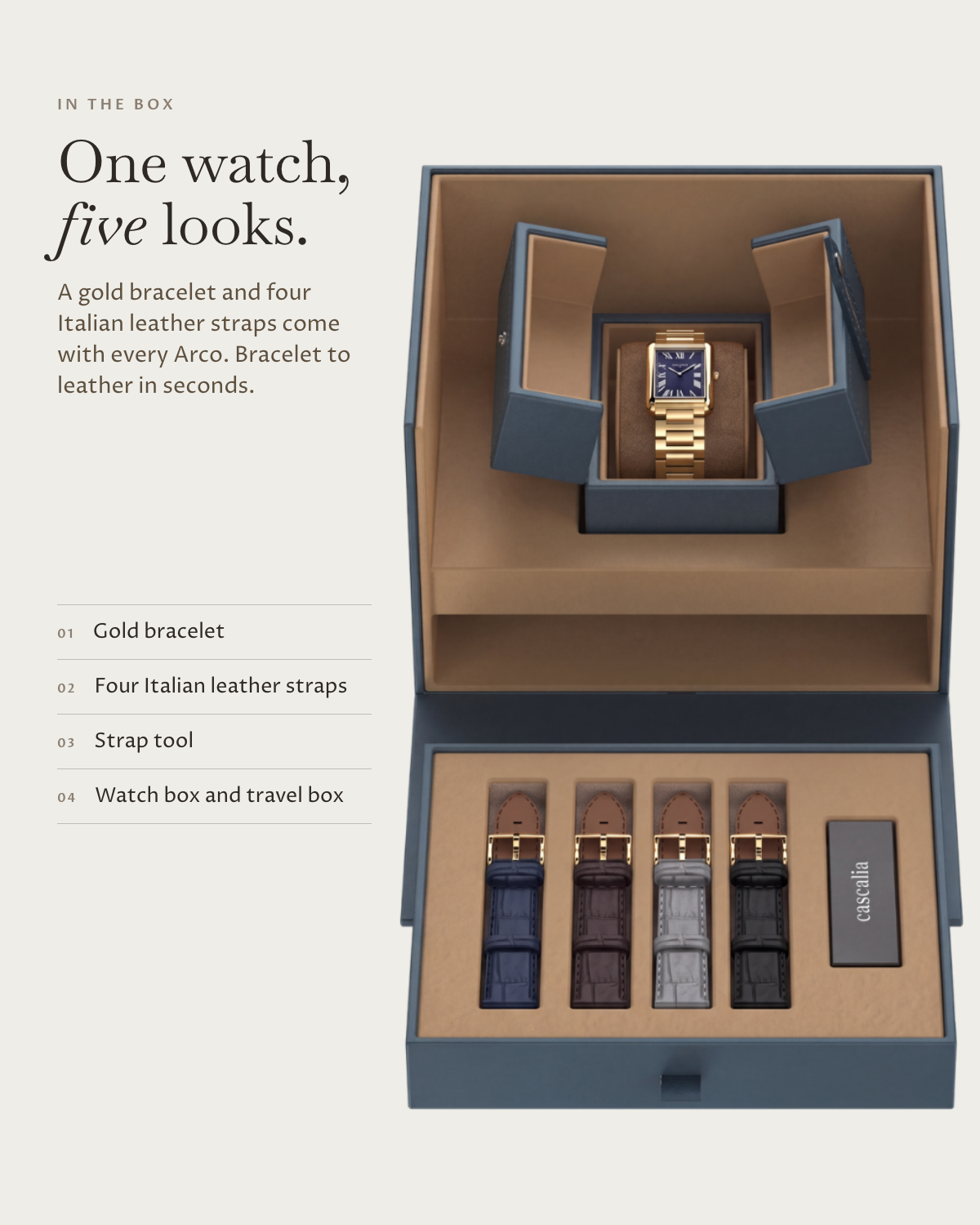 Arco Gold Blue in the box: gold bracelet, four Italian leather straps, watch box and travel box
