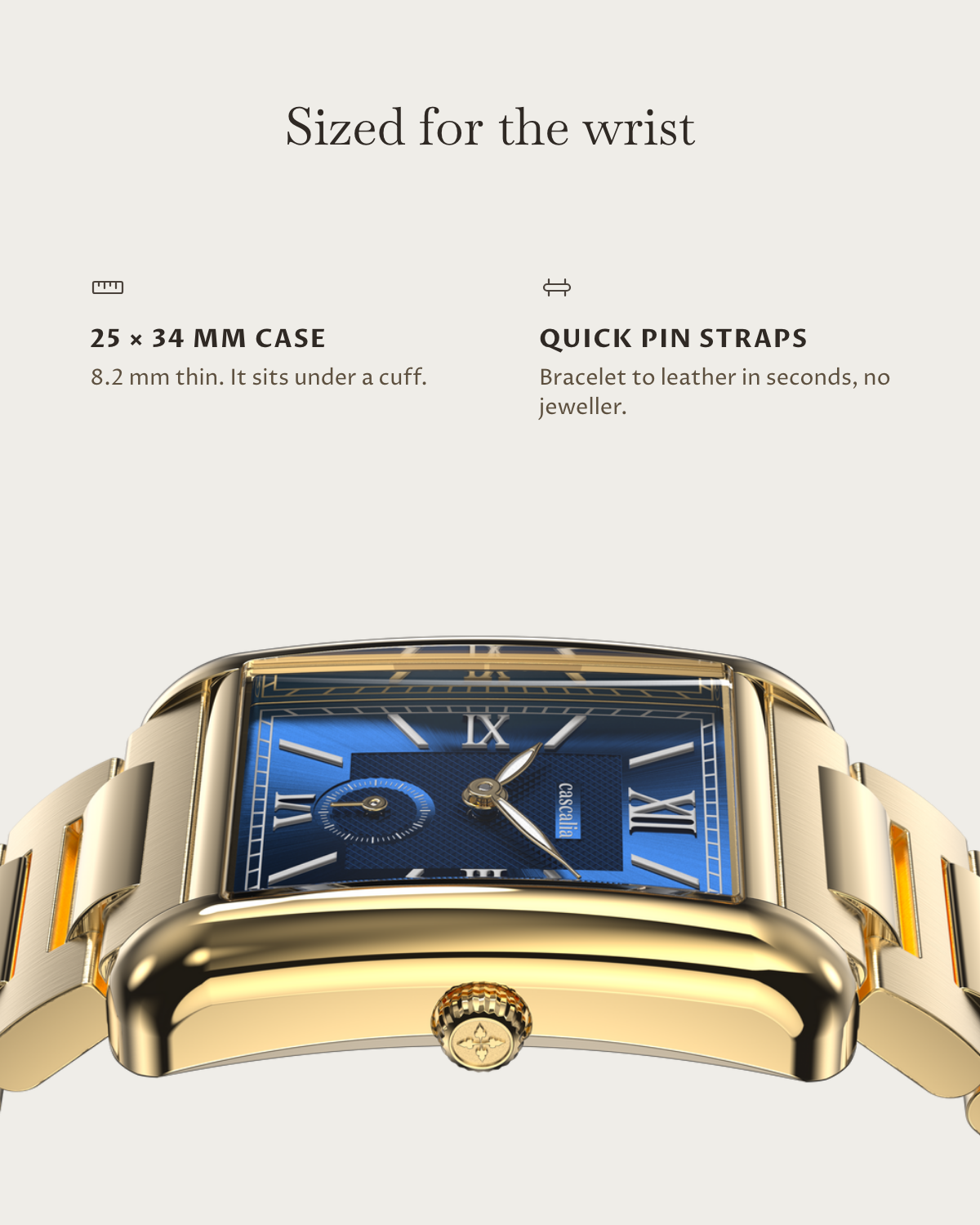 Arco Gold Blue: 25 × 34 mm case, 8.2 mm thick