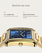 Arco Gold Blue: 25 × 34 mm case, 8.2 mm thick