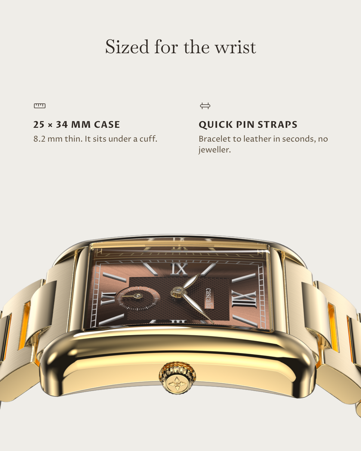 Arco Gold Brown: 25 × 34 mm case, 8.2 mm thick