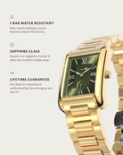 Arco Gold Green: 5 bar water resistant, sapphire glass, lifetime guarantee