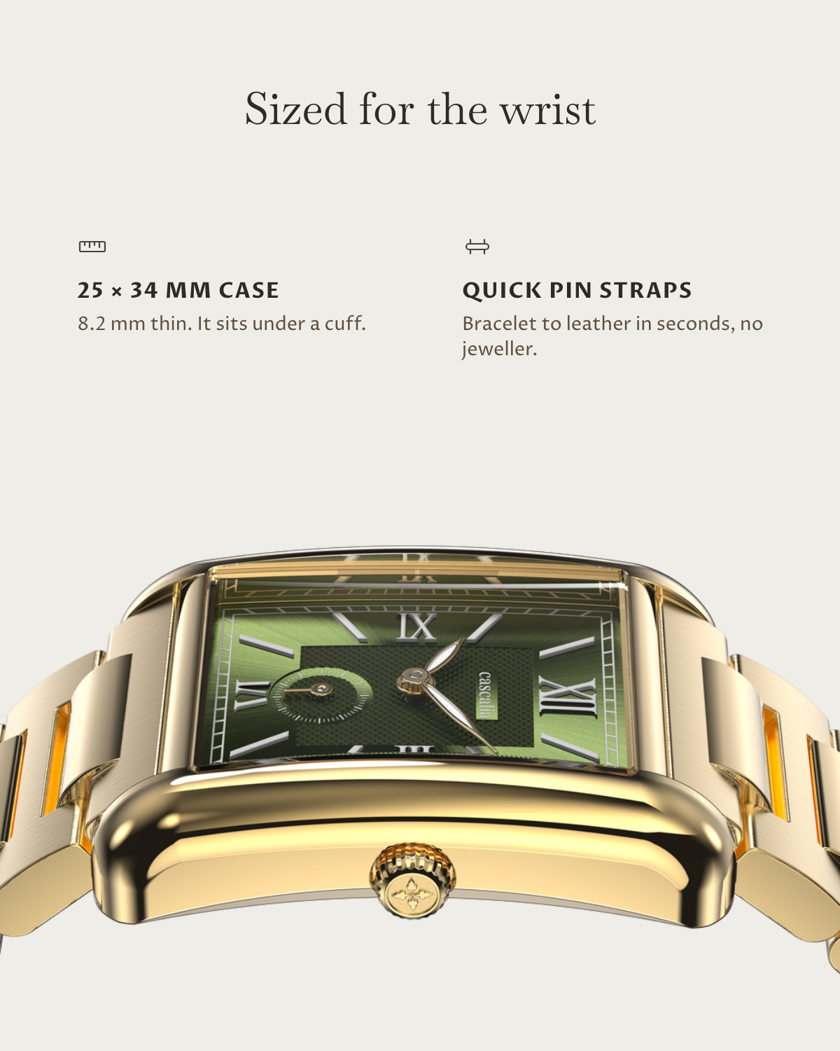 Arco Gold Green: 25 × 34 mm case, 8.2 mm thick