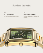 Arco Gold Green: 25 × 34 mm case, 8.2 mm thick