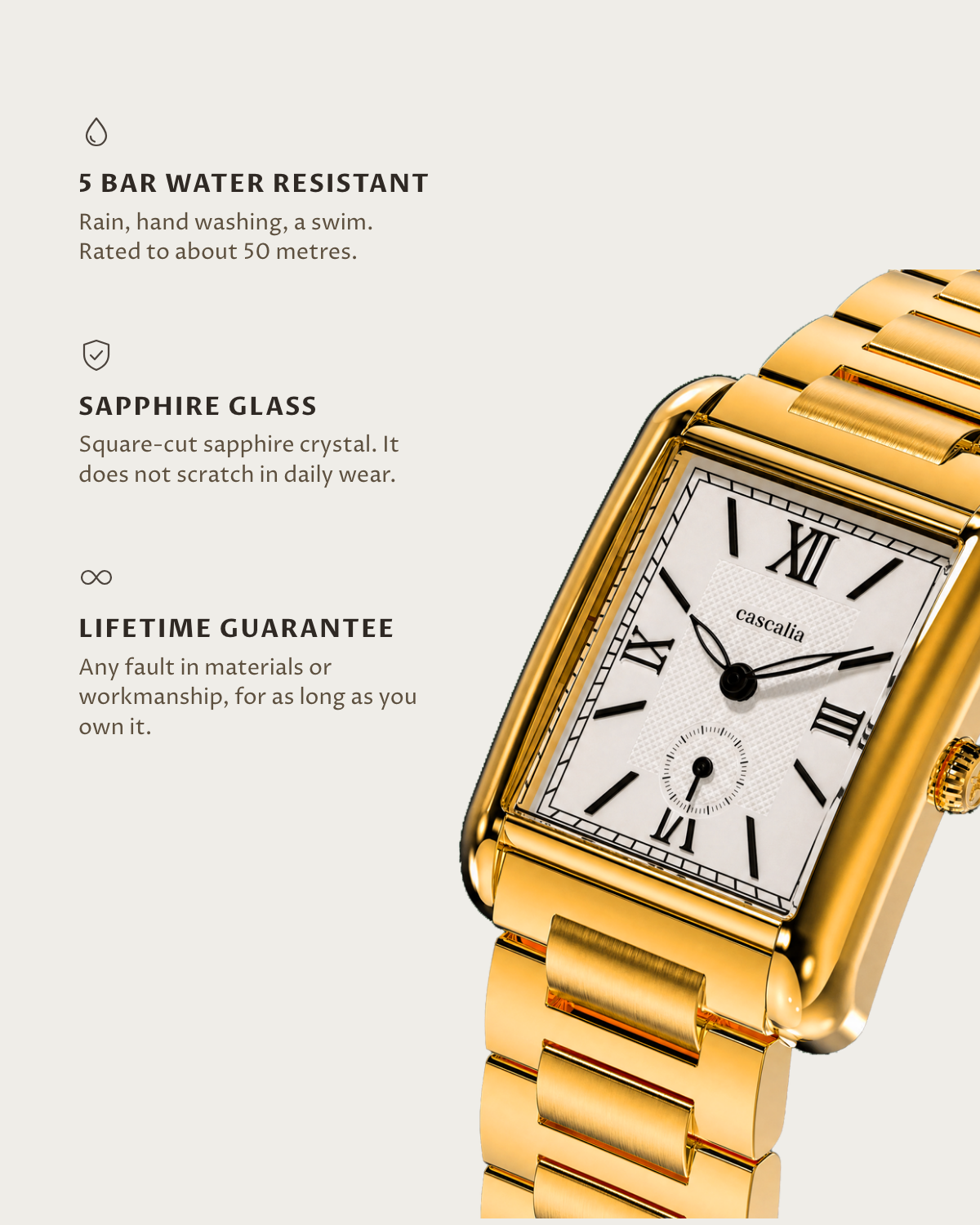 Arco Gold: 5 bar water resistant, sapphire glass, lifetime guarantee