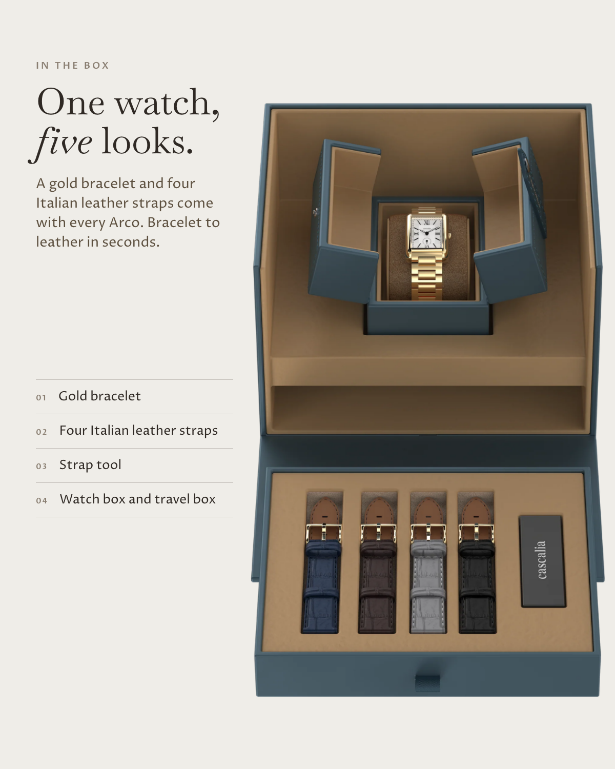 Arco Gold in the box: gold bracelet, four Italian leather straps, watch box and travel box
