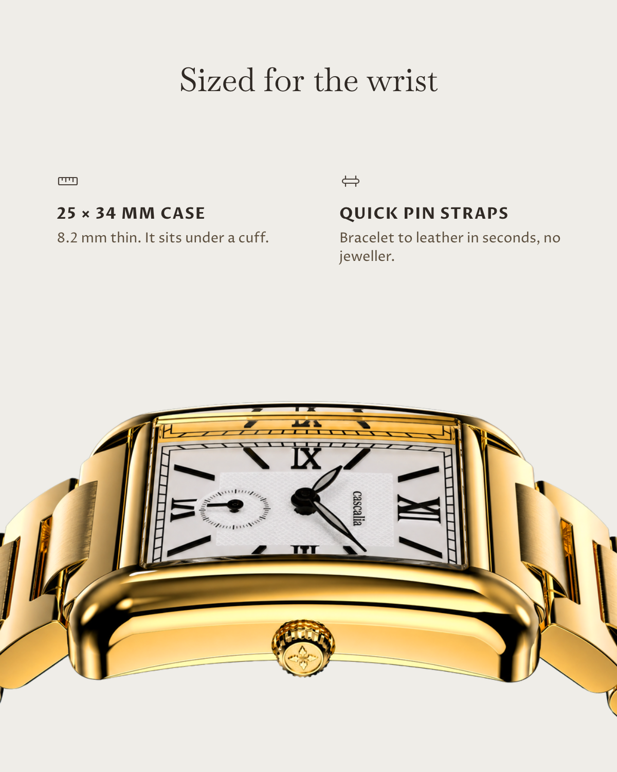 Arco Gold: 25 × 34 mm case, 8.2 mm thick
