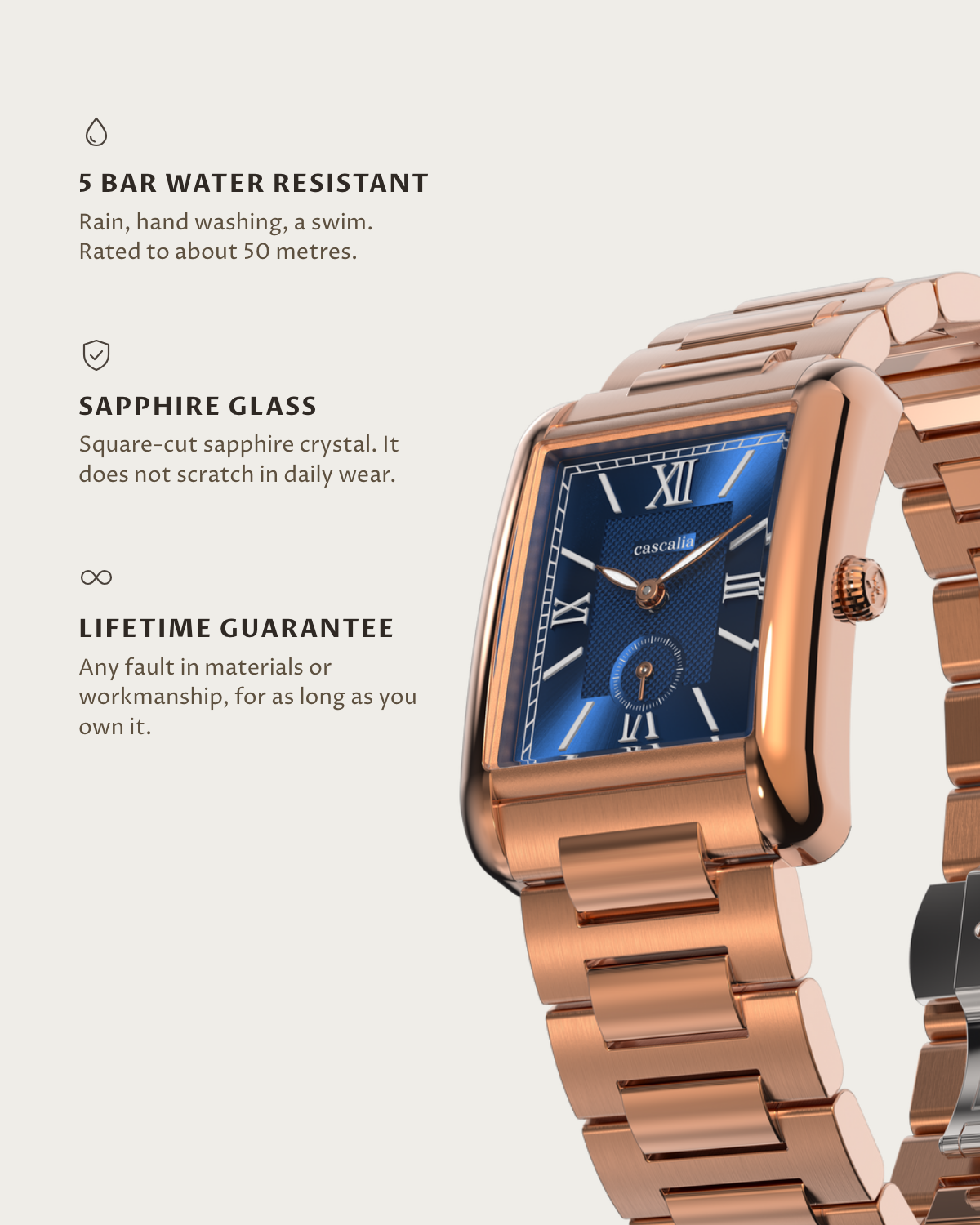 Arco Rosegold Blue: 5 bar water resistant, sapphire glass, lifetime guarantee