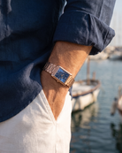 Arco Rosegold Blue on the wrist
