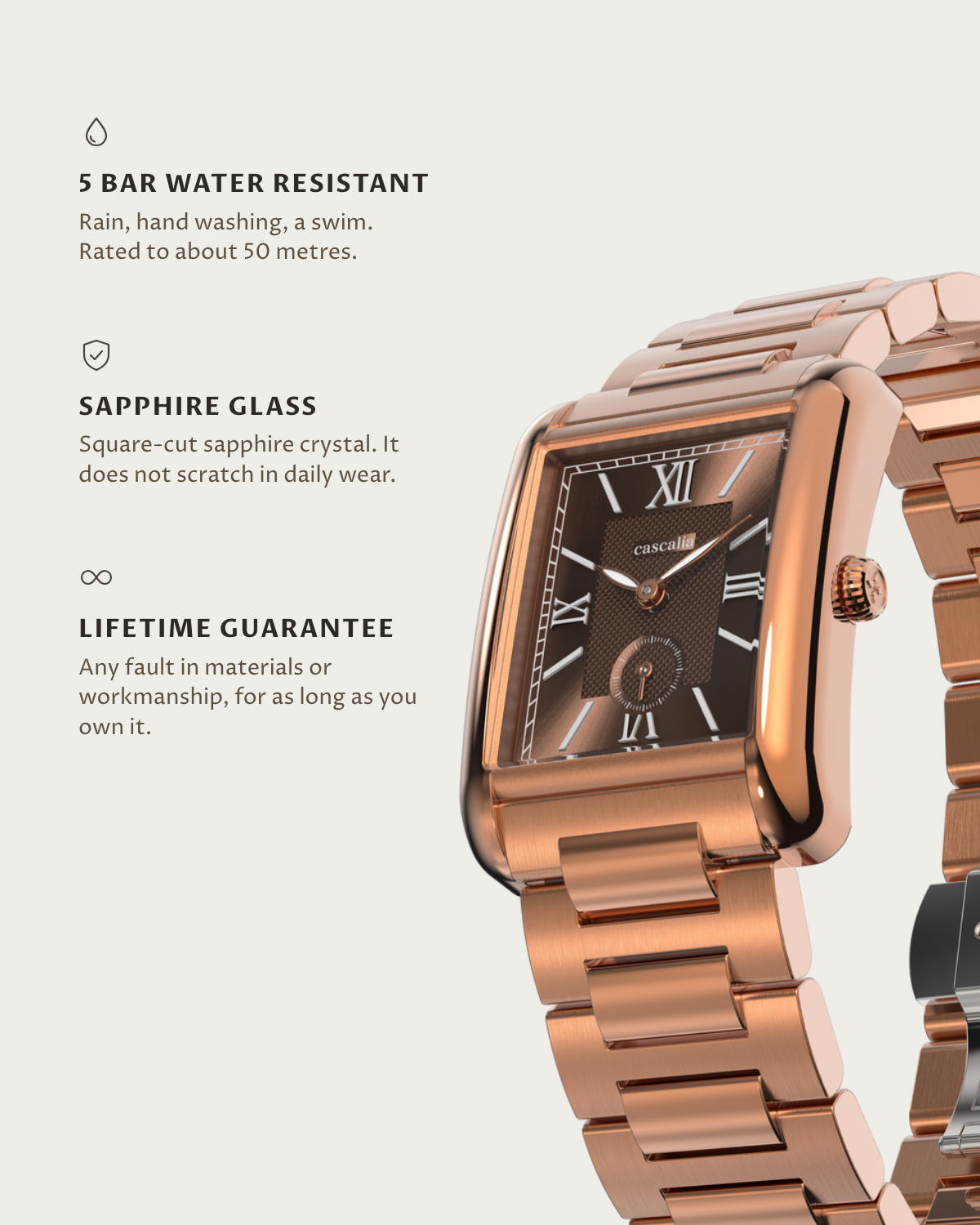 Arco Rosegold Brown: 5 bar water resistant, sapphire glass, lifetime guarantee