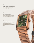 Arco Rosegold Green: 5 bar water resistant, sapphire glass, lifetime guarantee