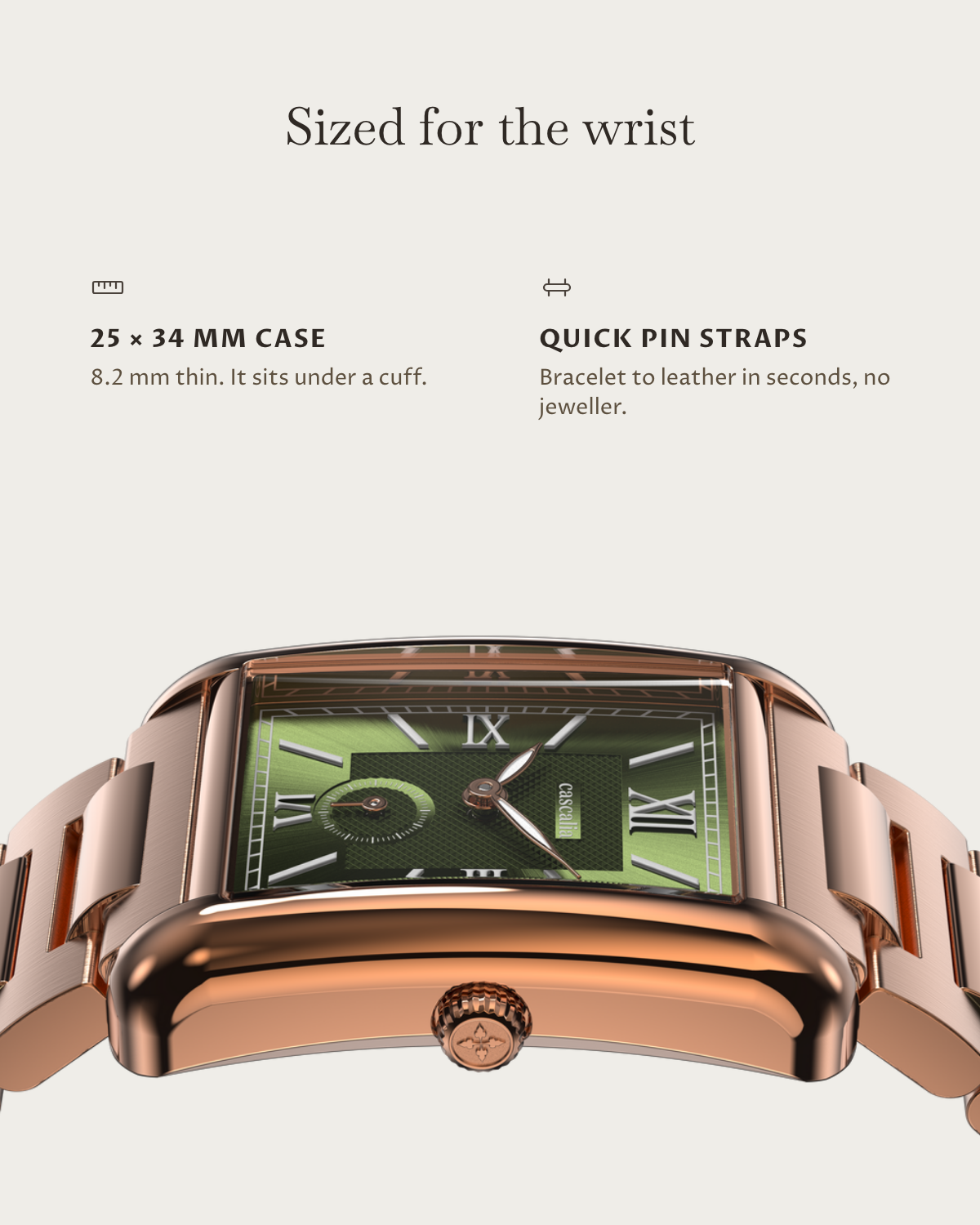 Arco Rosegold Green: 25 × 34 mm case, 8.2 mm thick