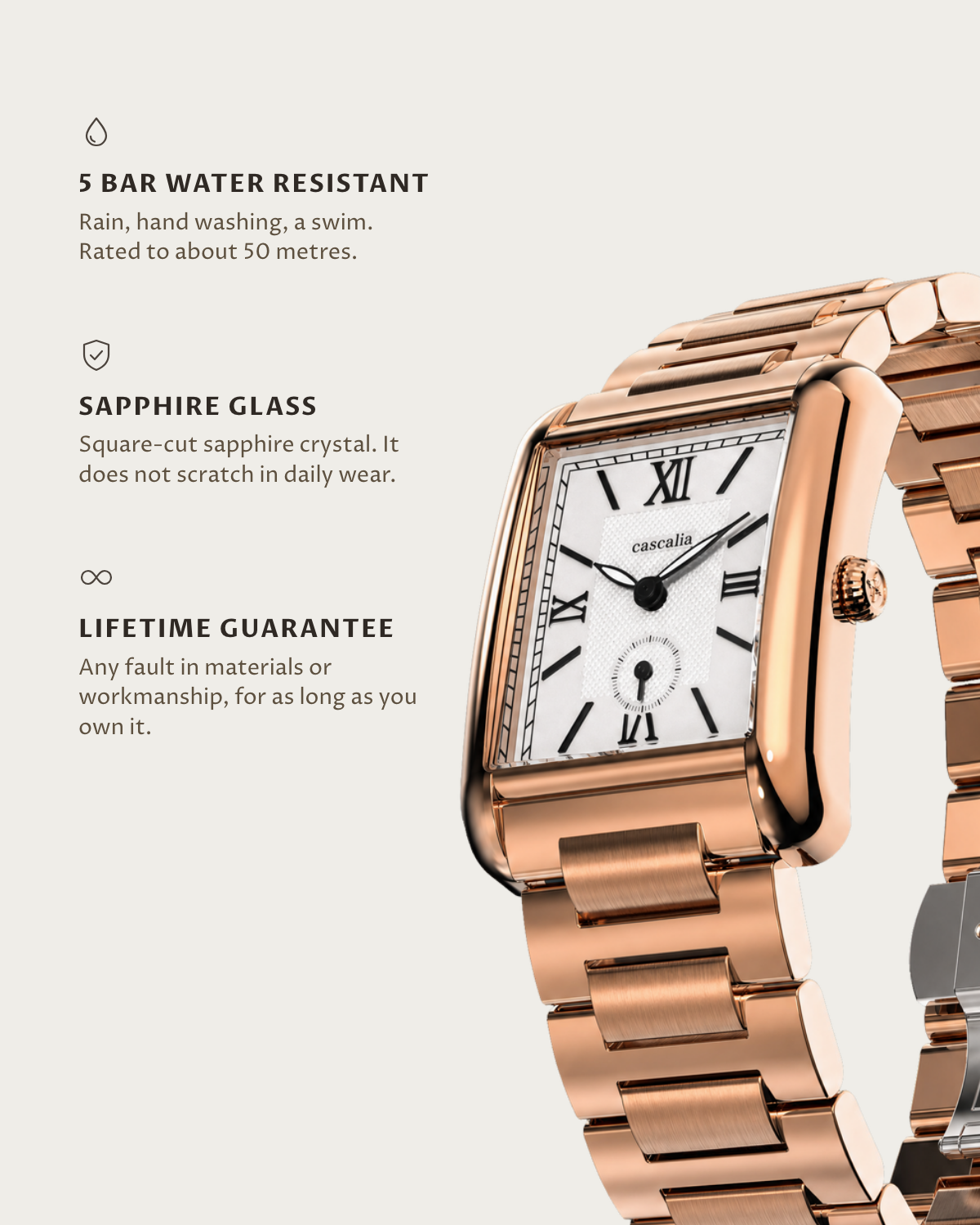 Arco Rosegold: 5 bar water resistant, sapphire glass, lifetime guarantee