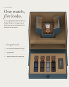 Arco Rosegold in the box: rose gold bracelet, four Italian leather straps, watch box and travel box