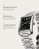 Arco Steel Black: 5 bar water resistant, sapphire glass, lifetime guarantee