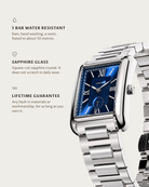 Arco Steel Blue: 5 bar water resistant, sapphire glass, lifetime guarantee