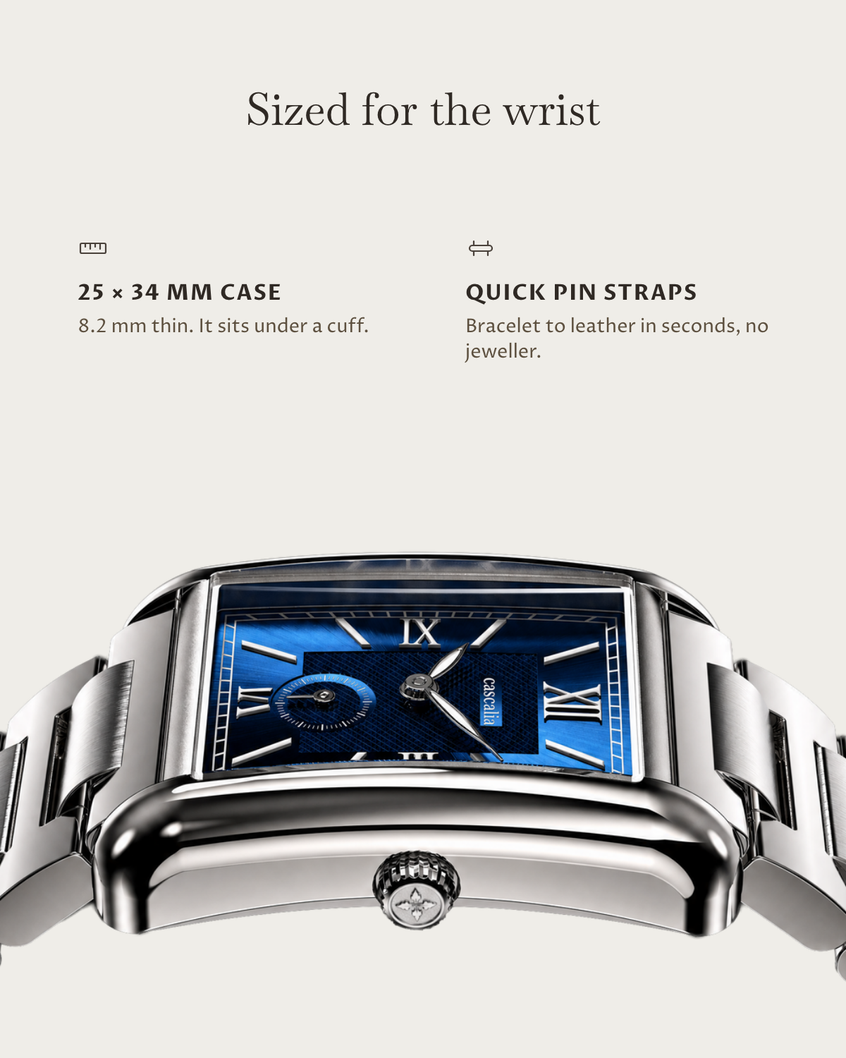Arco Steel Blue: 25 × 34 mm case, 8.2 mm thick