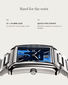 Arco Steel Blue: 25 × 34 mm case, 8.2 mm thick