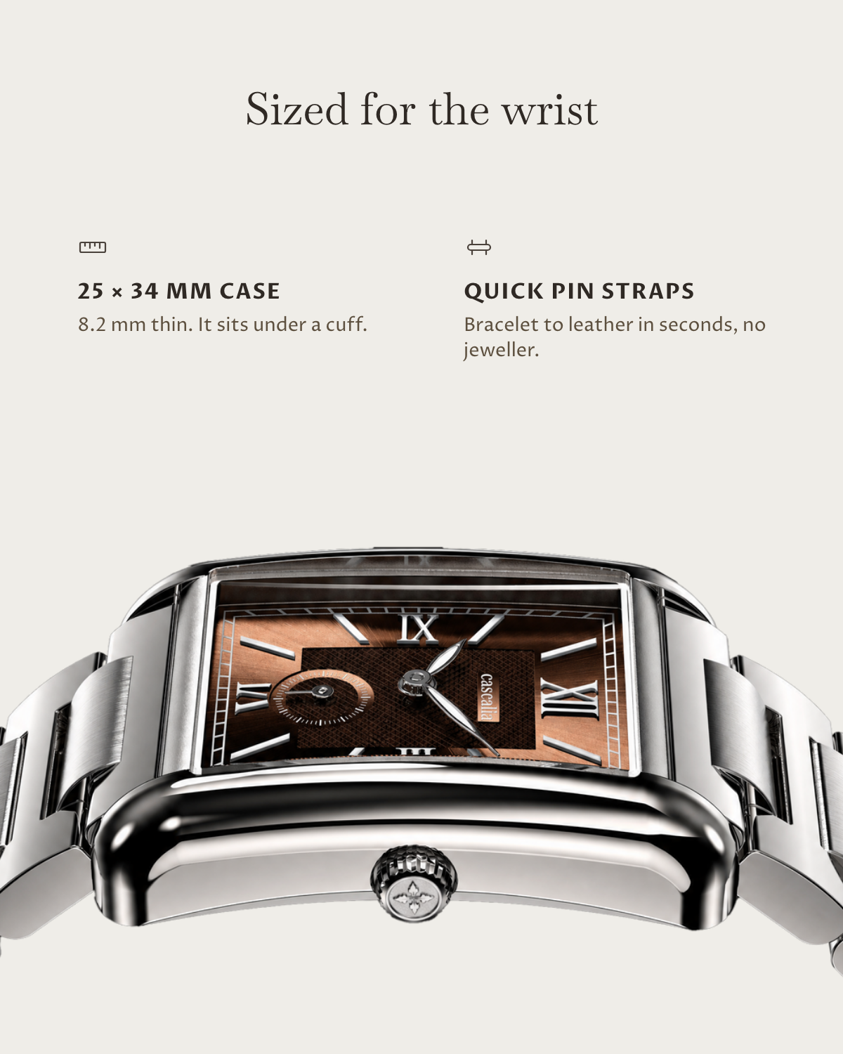 Arco Steel Brown: 25 × 34 mm case, 8.2 mm thick