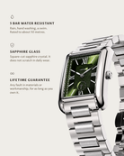 Arco Steel Green: 5 bar water resistant, sapphire glass, lifetime guarantee