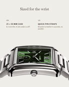 Arco Steel Green: 25 × 34 mm case, 8.2 mm thick