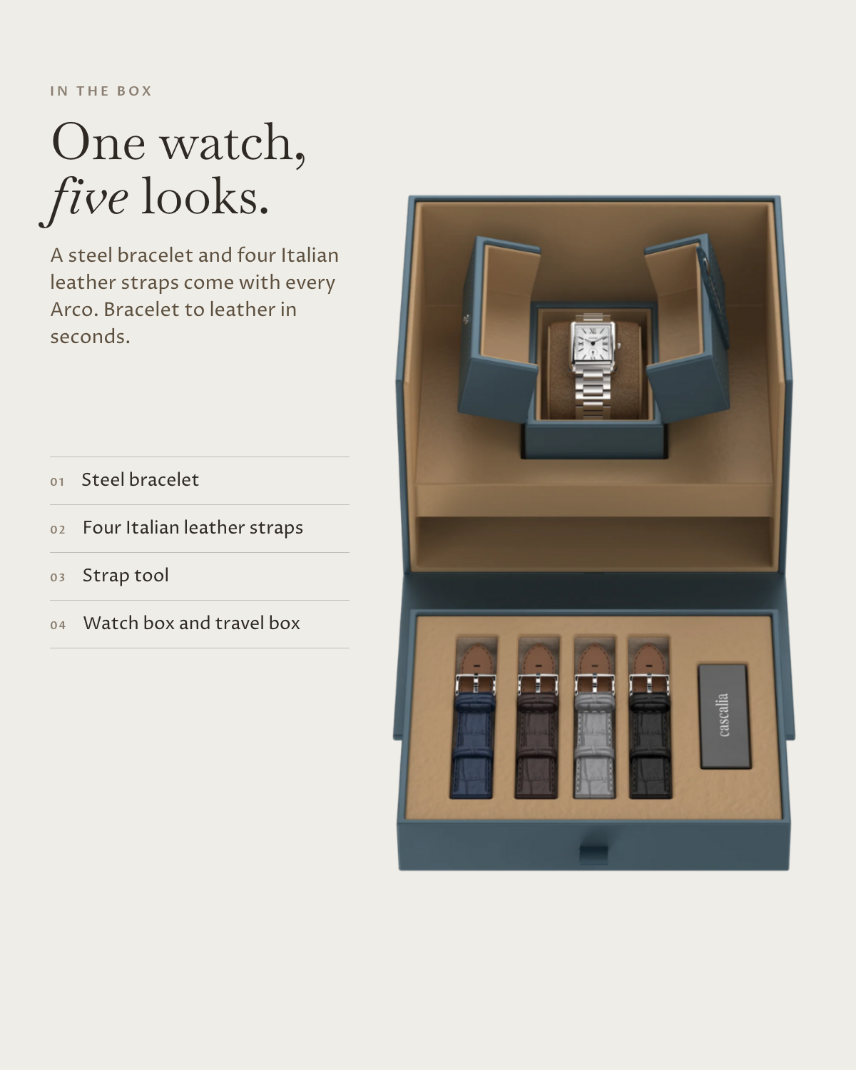 In the box: steel bracelet, four Italian leather straps, strap tool, watch box and travel box