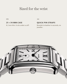 Sized for the wrist: 25 × 34 mm case, 8.2 mm thin, quick pin straps