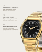 Caratello Gold Automatic Black: 5 bar water resistant, sapphire glass, lifetime guarantee