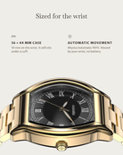 Caratello Gold Automatic Black: 36 × 44 mm case, 10 mm thick