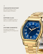 Caratello Gold Automatic Blue: 5 bar water resistant, sapphire glass, lifetime guarantee