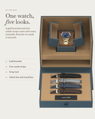 Caratello Gold Automatic Blue in the box: gold bracelet, four suede straps, watch box and travel box