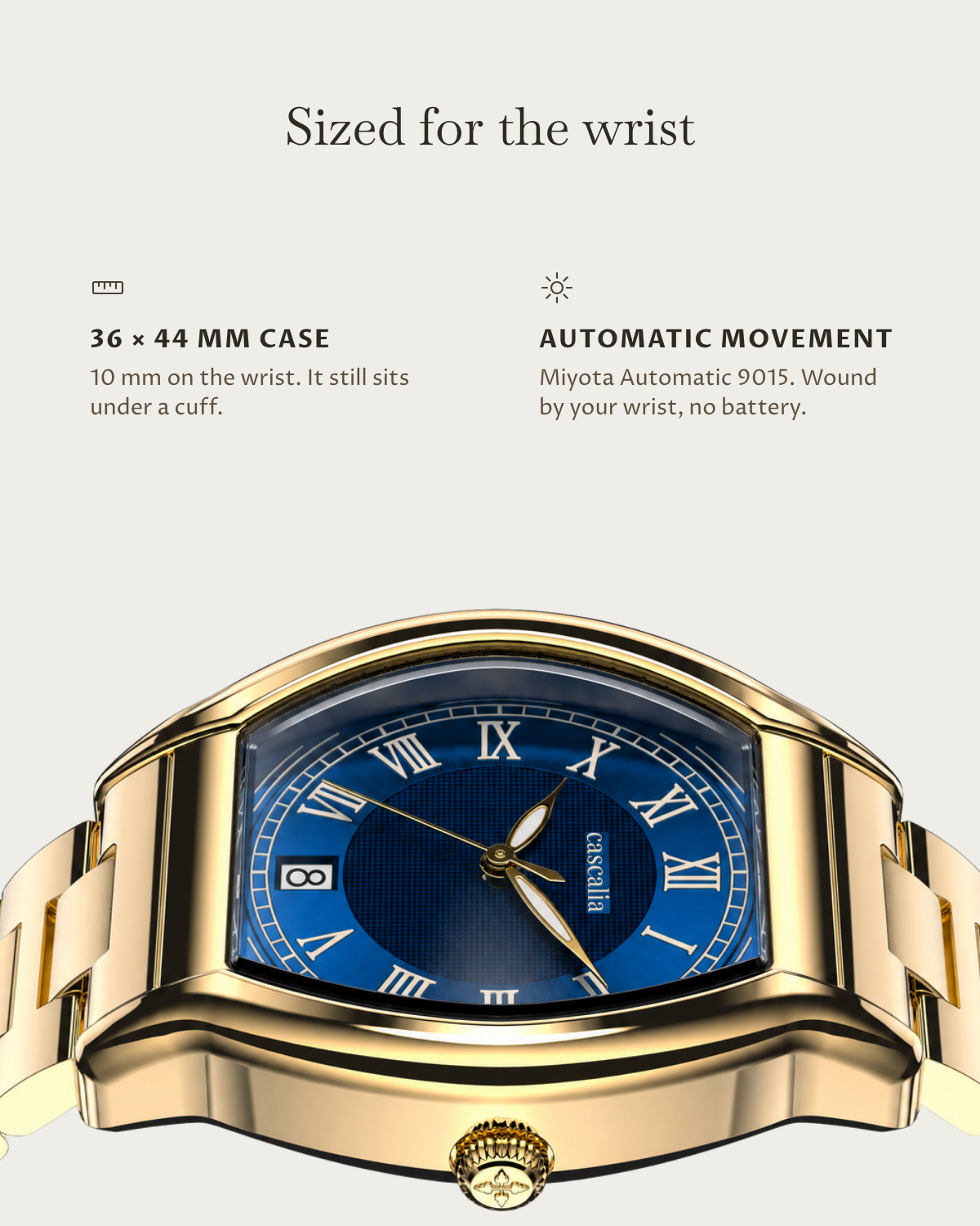 Caratello Gold Automatic Blue: 36 × 44 mm case, 10 mm thick